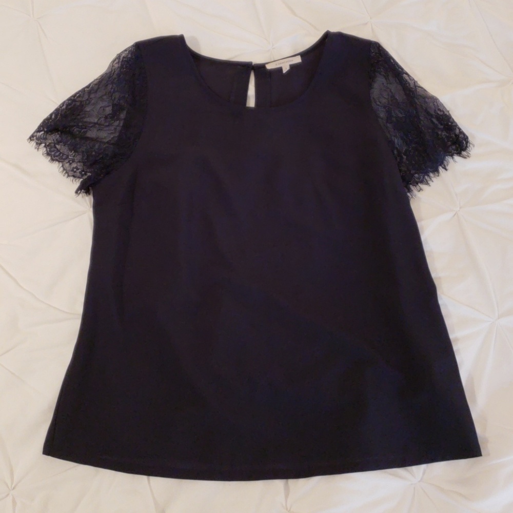 Navy Top with Lace Sleeves